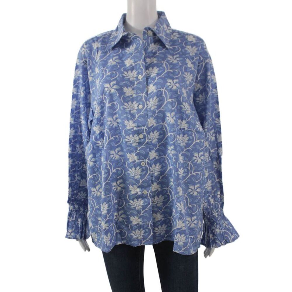 Madison Mathews Women Blue Floral Tunic Buttonup Long Sleeve Size One Size
